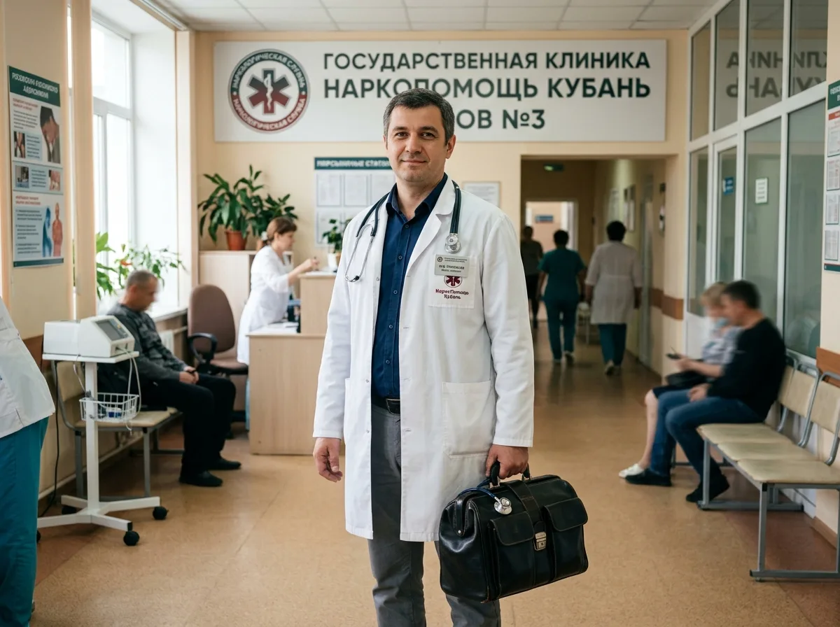 Врач-нарколог Краснодарской клиники НаркоПомощь Кубань — мужчина лет 40 в белом халате поверх гражданской одежды, с медицинским чемоданом, профессиональная обстановка, уверенный и спокойный взгляд