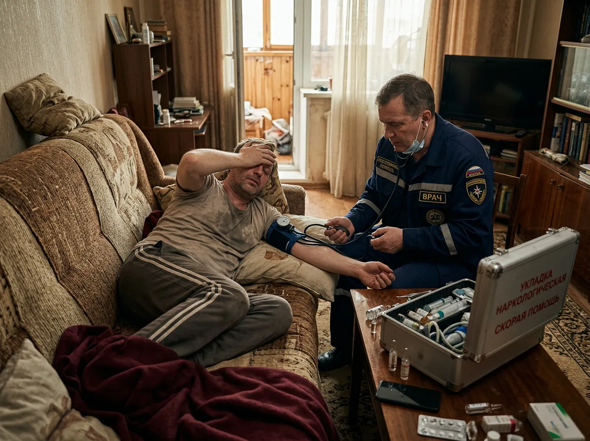 Мужчина в тяжёлом похмелье лежит на диване, врач нарколог измеряет давление, светлая квартира, утро, медицинский чемоданчик на столе
