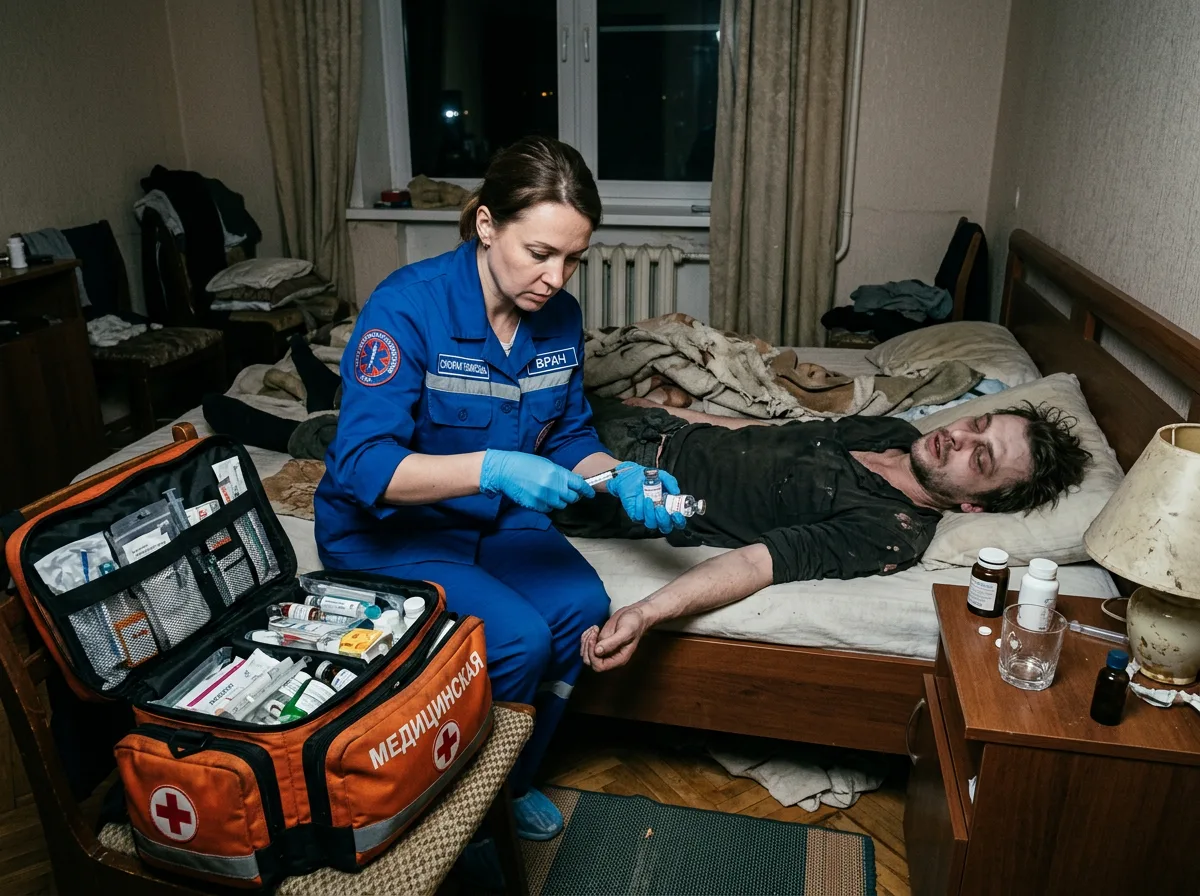 Экстренный выезд нарколога: врач достаёт из медицинского чемодана флаконы с препаратами, пациент с признаками передозировки на кровати, серьёзная ситуация, квалифицированная помощь
