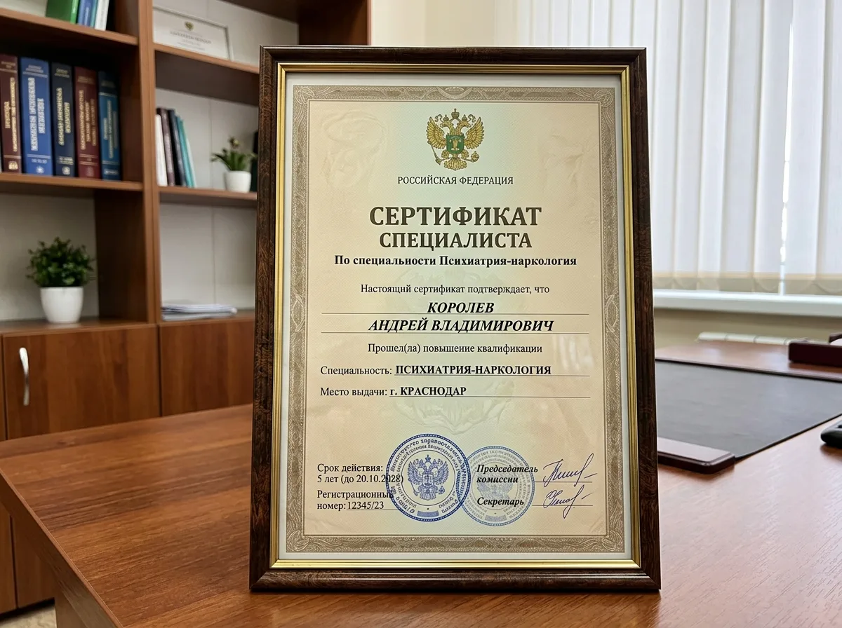 Сертификат специалиста нарколога по специальности Психиатрия-наркология, Краснодар, официальный бланк